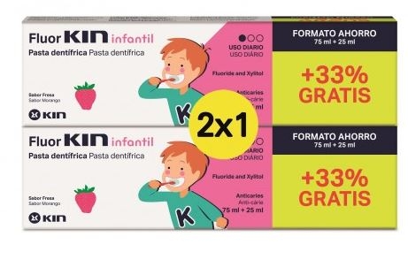 Kin Fluorkin Infantil Pasta Dentífrica +12 Meses Sabor Fresa DUPLO 2 x 1 100 ml + 100 ml