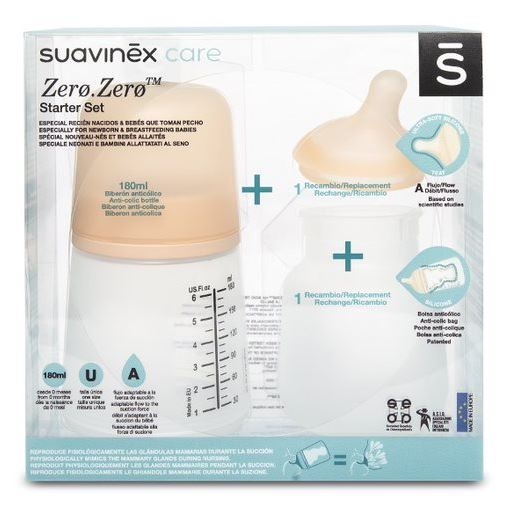Suavinex Biberon ZERO Anticólico Silicona Set 180 ml+Recambio Bolsa+Tetina  Flujo Adaptable