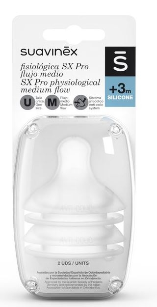 Suavinex Tetina Silicona Fisiológica SX Pro Flujo Medio +3 Meses 2 Unidades